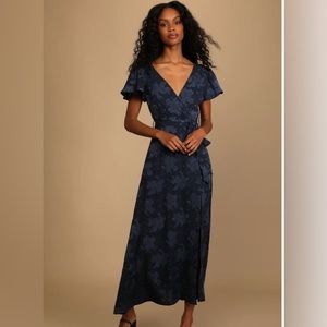 Lulus Compelling Love Navy Blue Jacquard Short Sleeve Maxi Dress XS